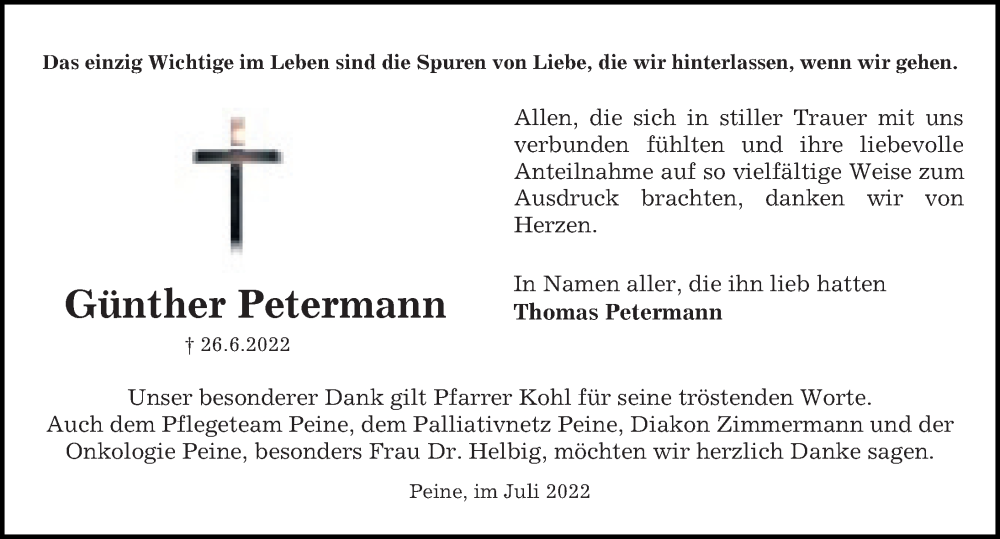  Traueranzeige für Günther Petermann vom 23.07.2022 aus Peiner Allgemeine Zeitung