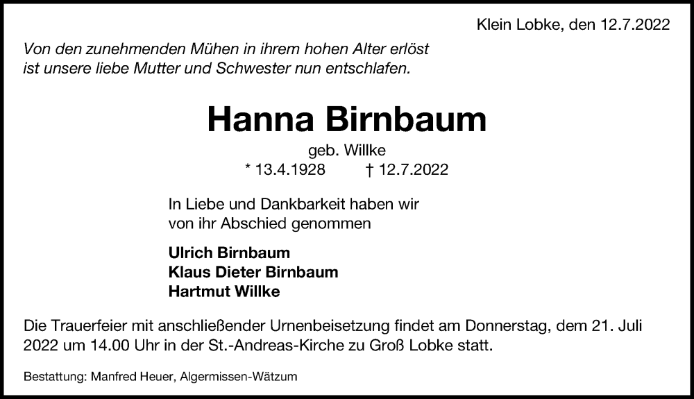  Traueranzeige für Hanna Birnbaum vom 16.07.2022 aus Hannoversche Allgemeine Zeitung/Neue Presse