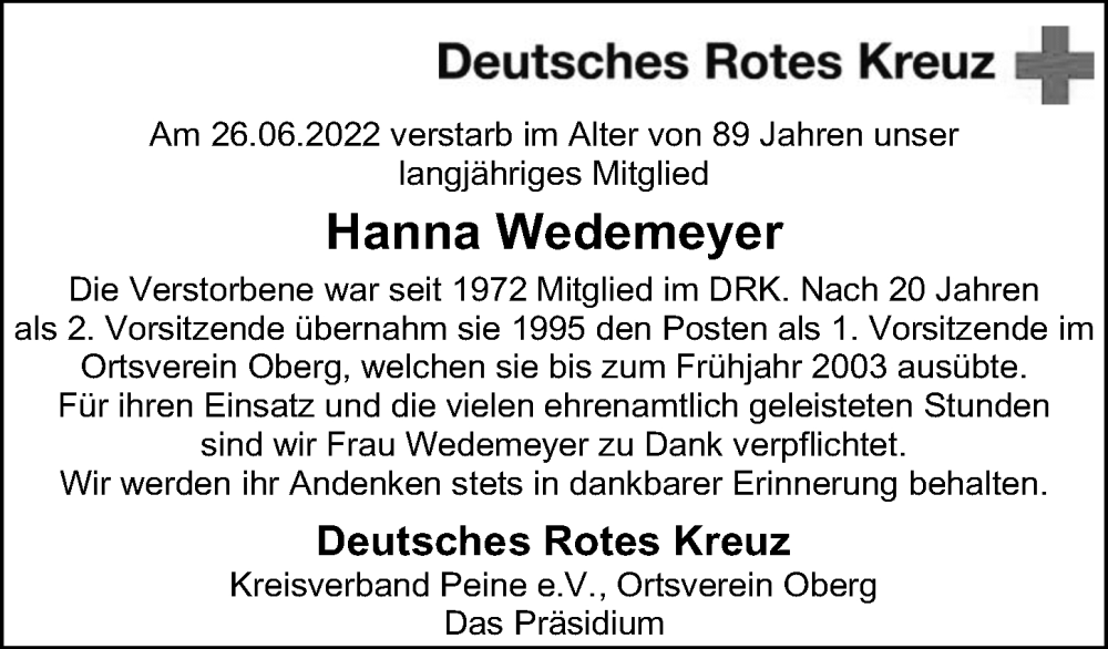  Traueranzeige für Hanna Wedemeyer vom 09.07.2022 aus Peiner Allgemeine Zeitung