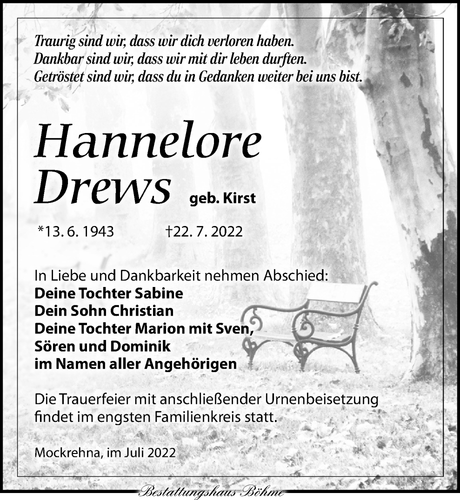  Traueranzeige für Hannelore Drews vom 30.07.2022 aus Torgauer Zeitung