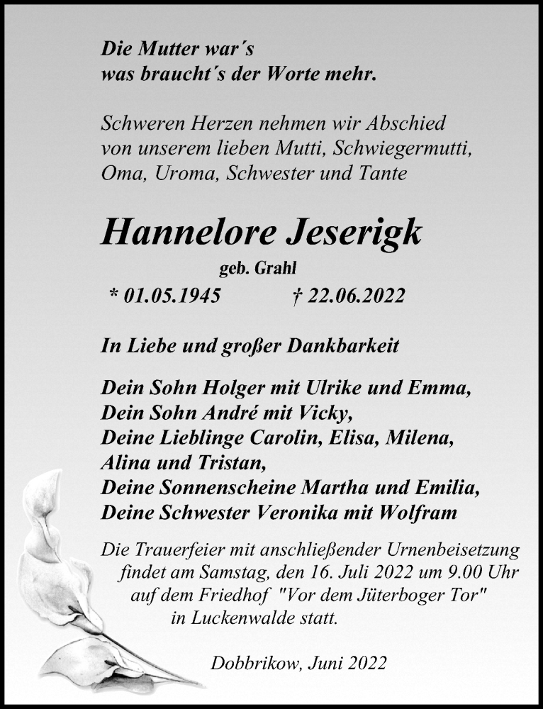  Traueranzeige für Hannelore Jeserigk vom 02.07.2022 aus Märkischen Allgemeine Zeitung