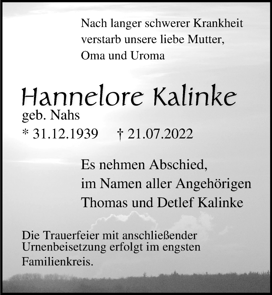 Traueranzeige für Hannelore Kalinke vom 27.07.2022 aus Ostsee-Zeitung GmbH
