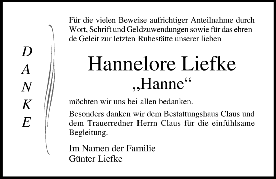 Traueranzeige von Hannelore Liefke von Ostsee-Zeitung GmbH