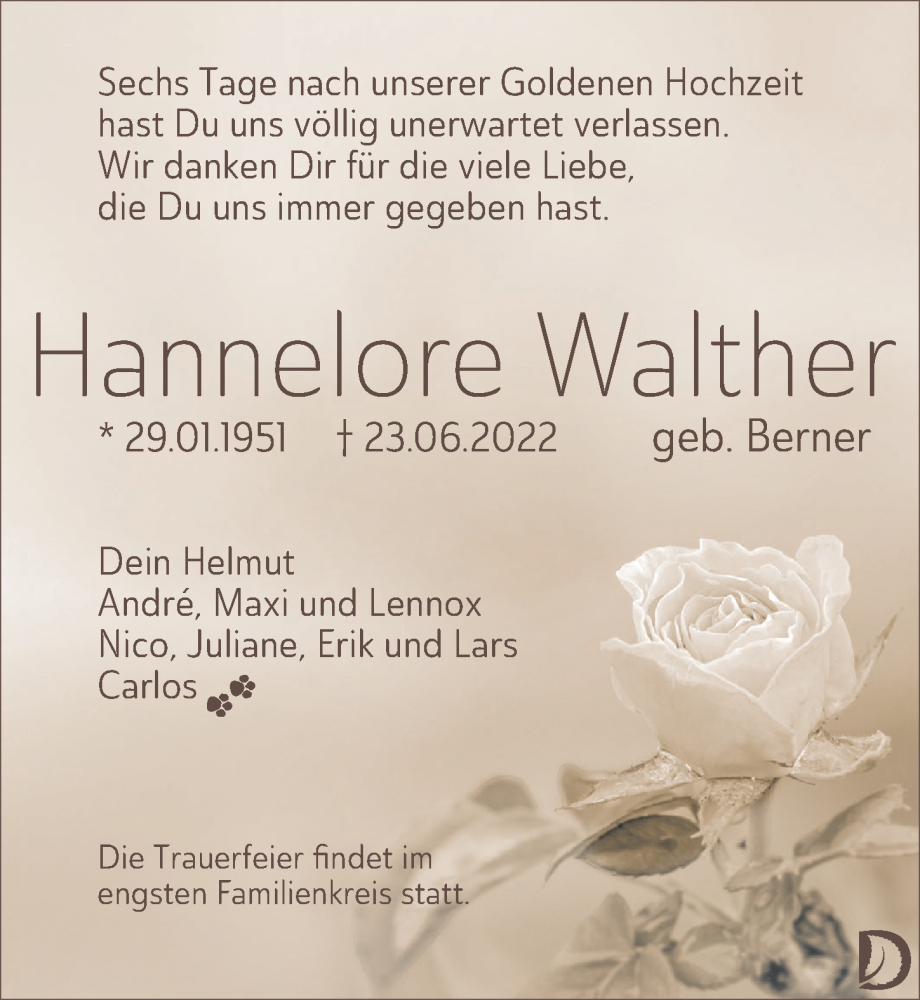  Traueranzeige für Hannelore Walther vom 02.07.2022 aus Leipziger Volkszeitung