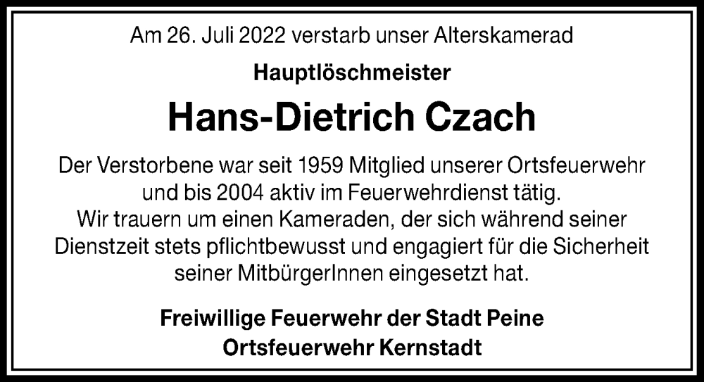  Traueranzeige für Hans-Dietrich Czach vom 30.07.2022 aus Peiner Allgemeine Zeitung