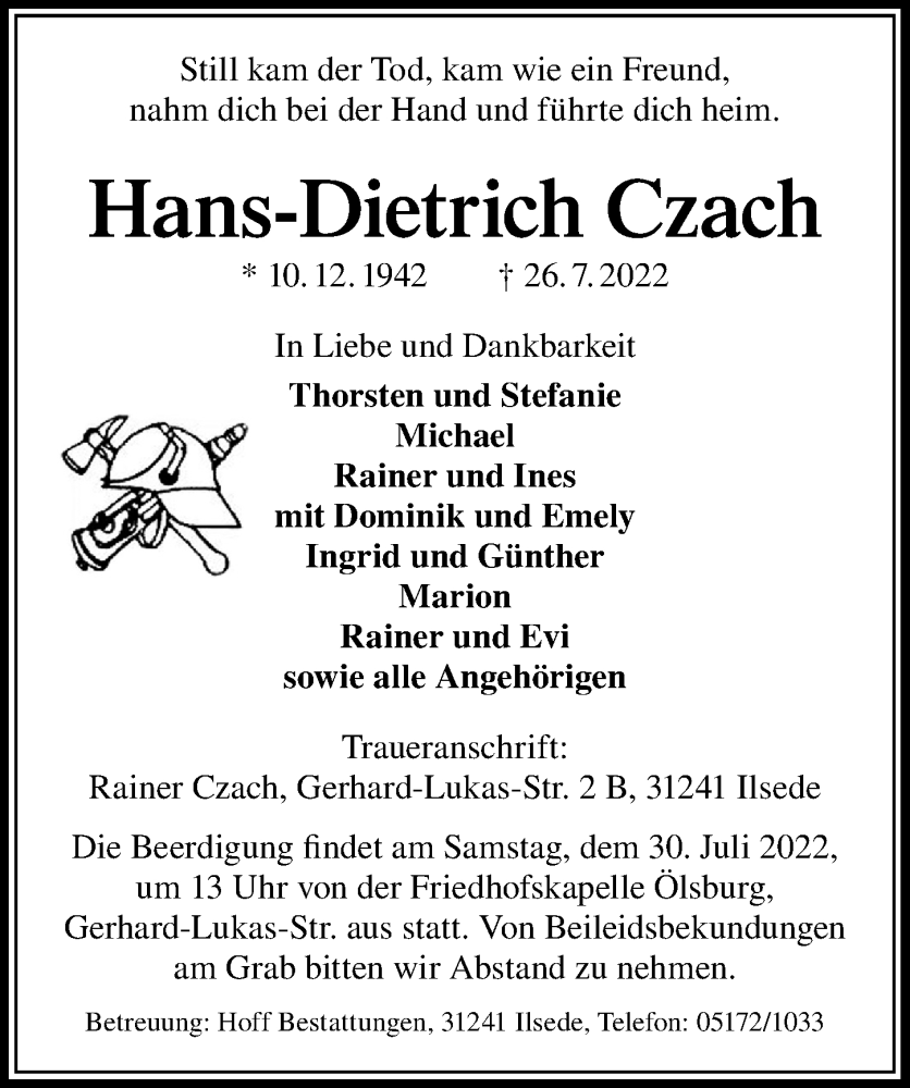  Traueranzeige für Hans-Dietrich Czach vom 28.07.2022 aus Peiner Allgemeine Zeitung