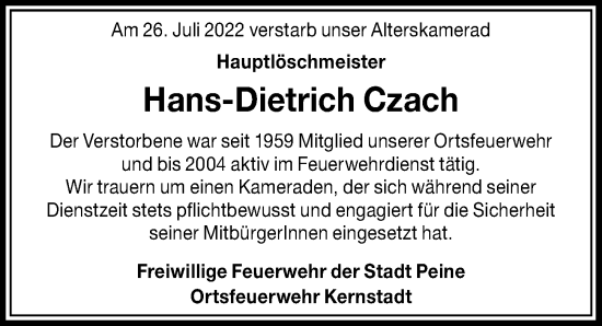 Traueranzeige von Hans-Dietrich Czach von Peiner Allgemeine Zeitung
