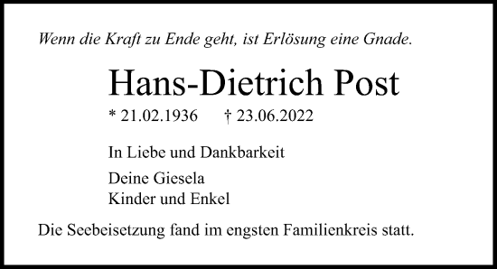 Traueranzeige von Hans-Dietrich Post von Lübecker Nachrichten