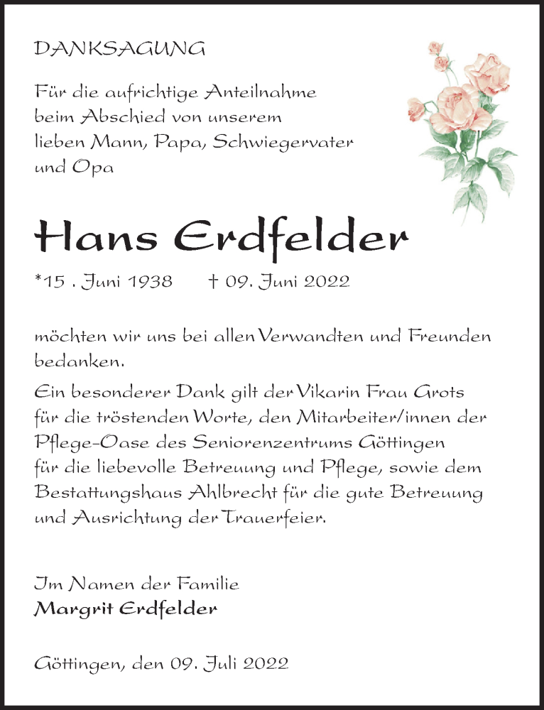  Traueranzeige für Hans Erdfelder vom 09.07.2022 aus Göttinger Tageblatt