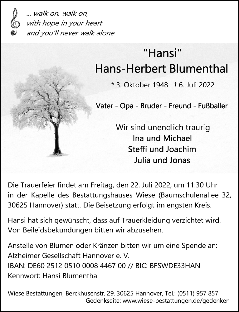  Traueranzeige für Hans-Herbert Blumenthal vom 16.07.2022 aus Hannoversche Allgemeine Zeitung/Neue Presse