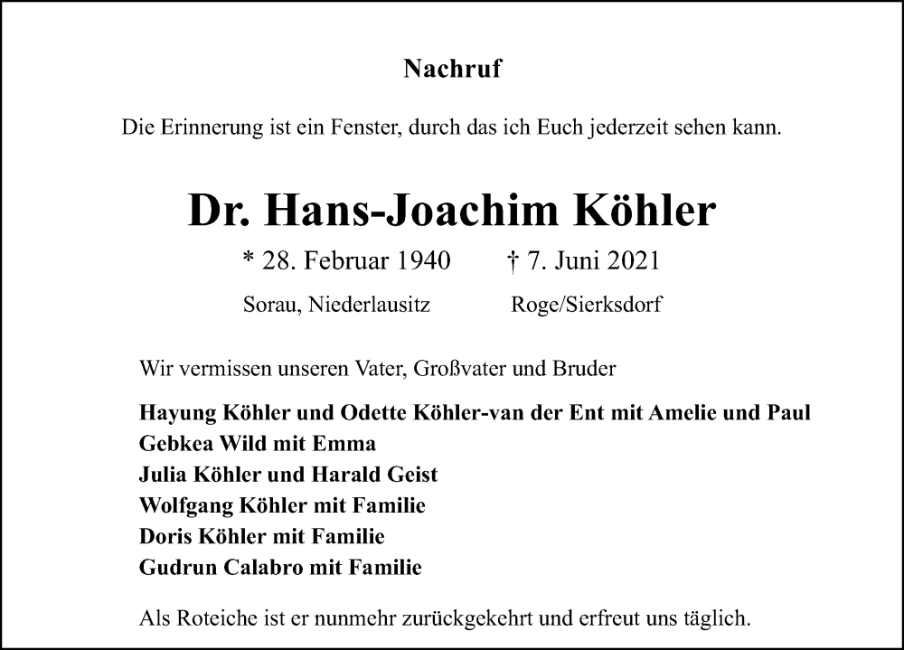  Traueranzeige für Hans-Joachim Köhler vom 24.07.2022 aus Lübecker Nachrichten