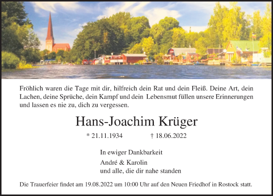 Traueranzeige von Hans-Joachim Krüger von Ostsee-Zeitung GmbH