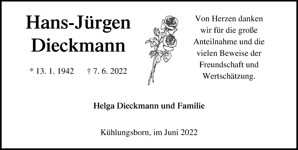  Traueranzeige für Hans-Jürgen Dieckmann vom 09.07.2022 aus Ostsee-Zeitung GmbH