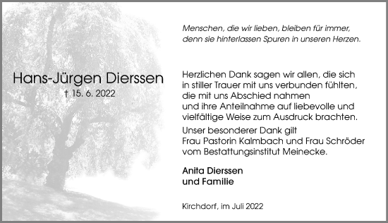 Traueranzeige von Hans-Jürgen Dierssen von Hannoversche Allgemeine Zeitung/Neue Presse