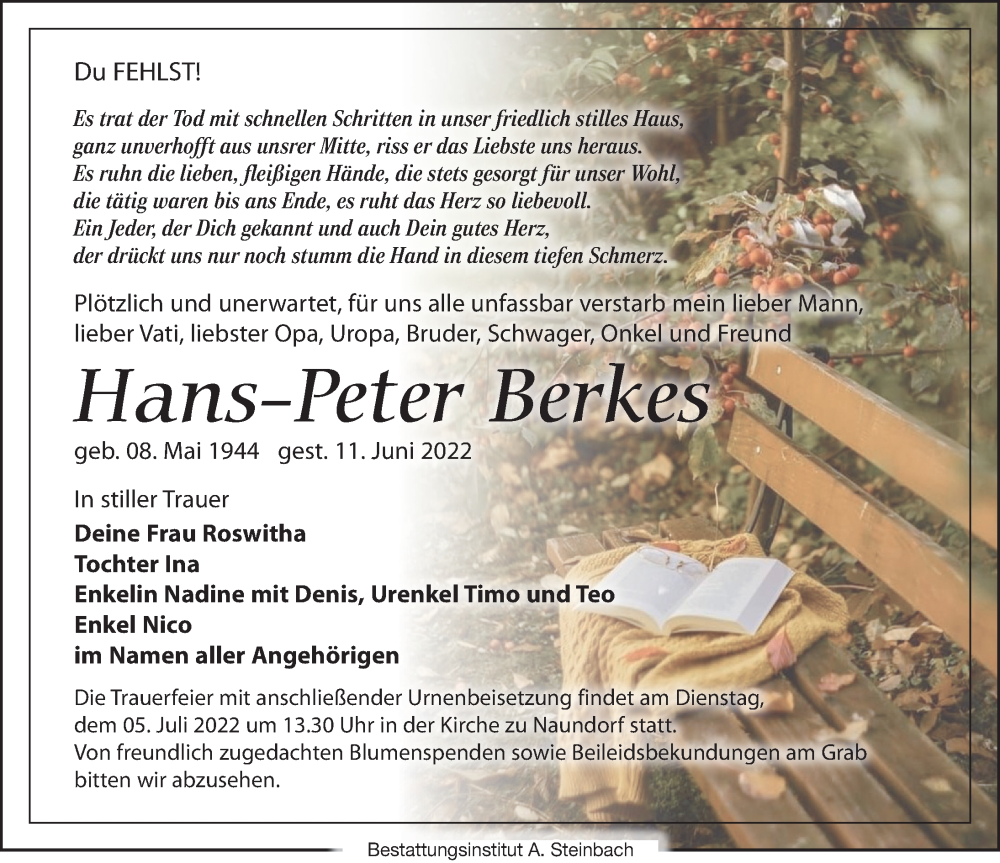  Traueranzeige für Hans-Peter Berkes vom 02.07.2022 aus Leipziger Volkszeitung