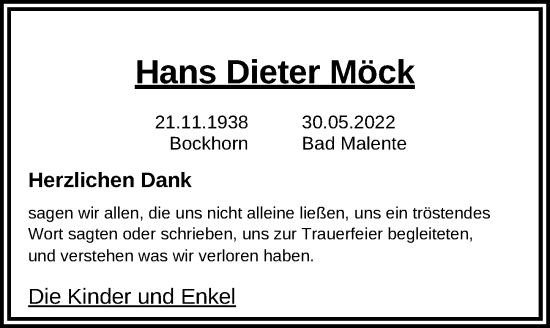 Traueranzeige von Hans Dieter Möck von Lübecker Nachrichten