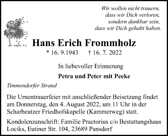 Traueranzeige von Hans Erich Frommholz von Lübecker Nachrichten