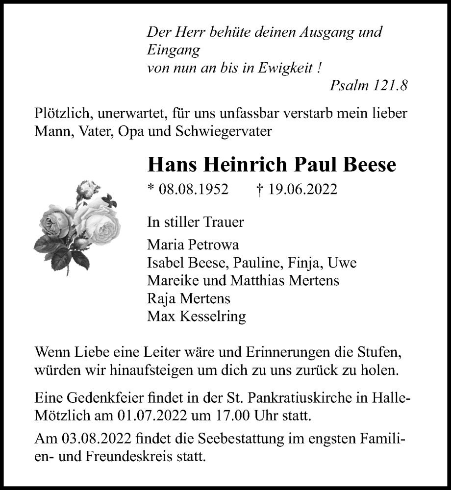  Traueranzeige für Hans Heinrich Paul Beese vom 01.07.2022 aus Ostsee-Zeitung GmbH