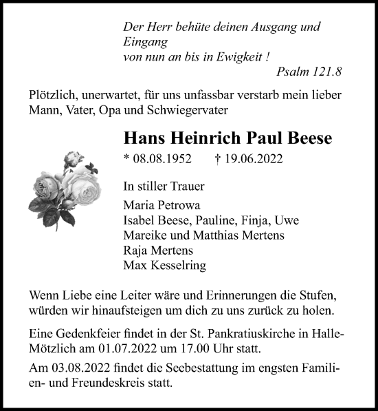 Traueranzeige von Hans Heinrich Paul Beese von Ostsee-Zeitung GmbH