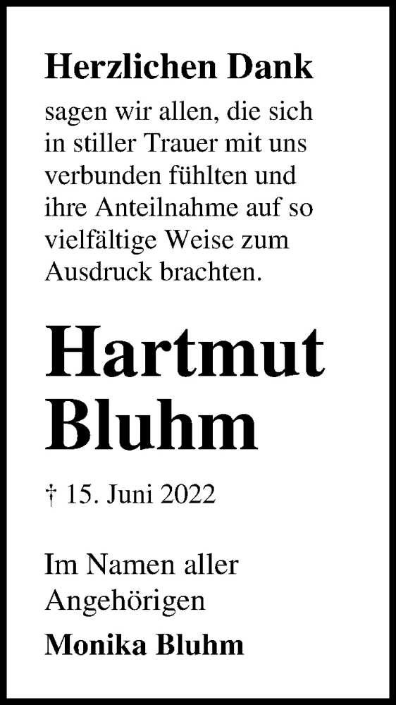  Traueranzeige für Hartmut Bluhm vom 03.07.2022 aus Lübecker Nachrichten