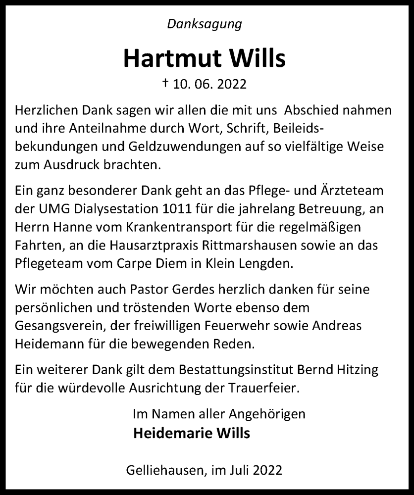  Traueranzeige für Hartmut Wills vom 09.07.2022 aus Göttinger Tageblatt