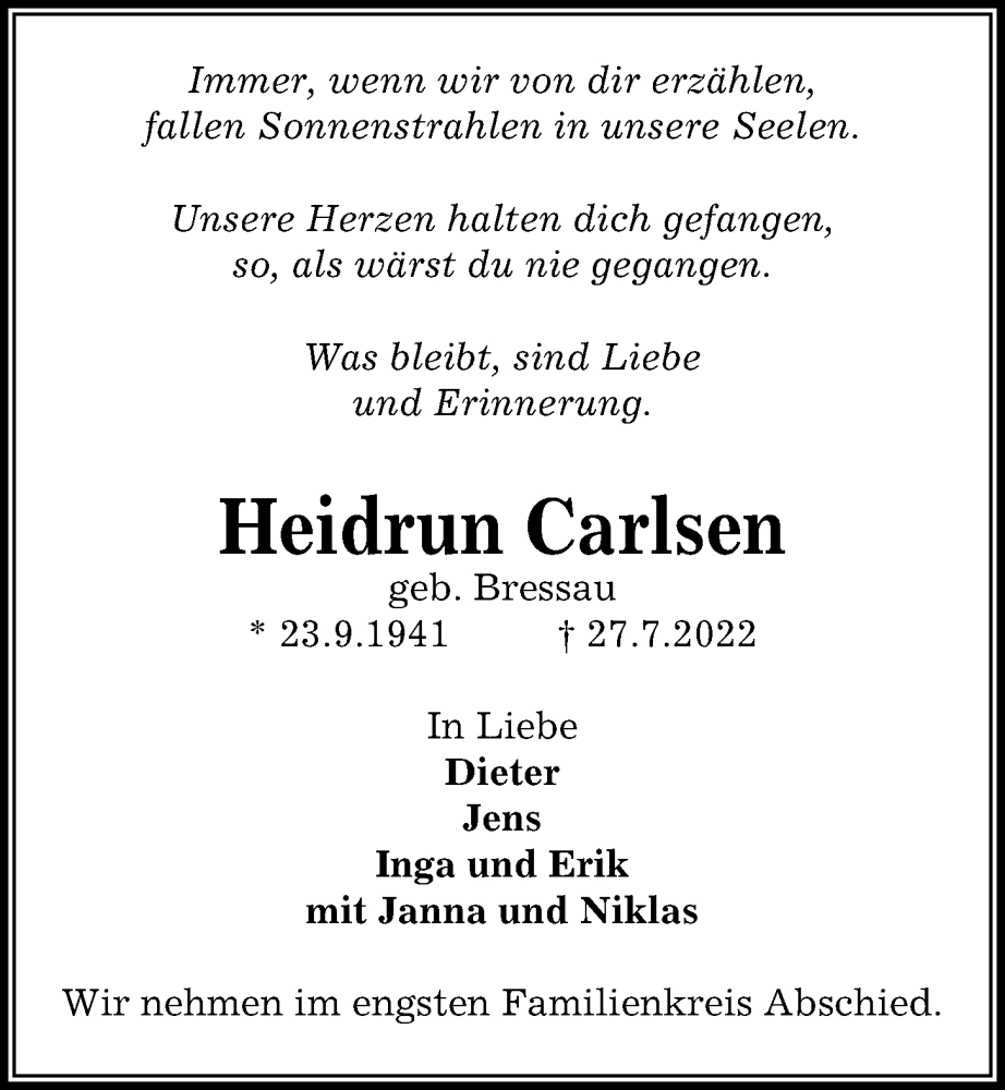  Traueranzeige für Heidrun Carlsen vom 30.07.2022 aus Kieler Nachrichten