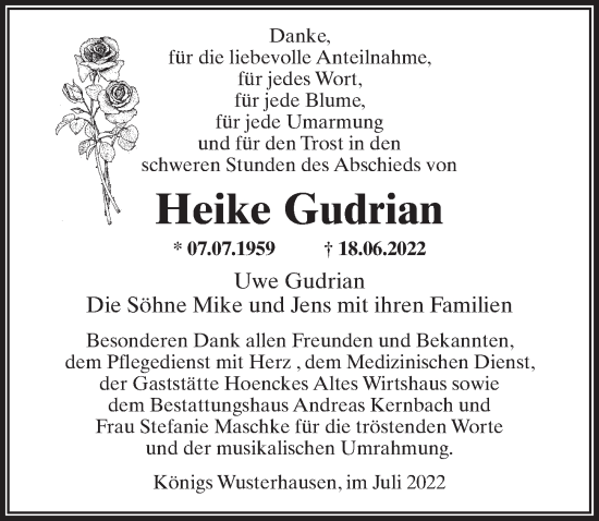 Traueranzeige von Heike Gudrian von Märkischen Allgemeine Zeitung