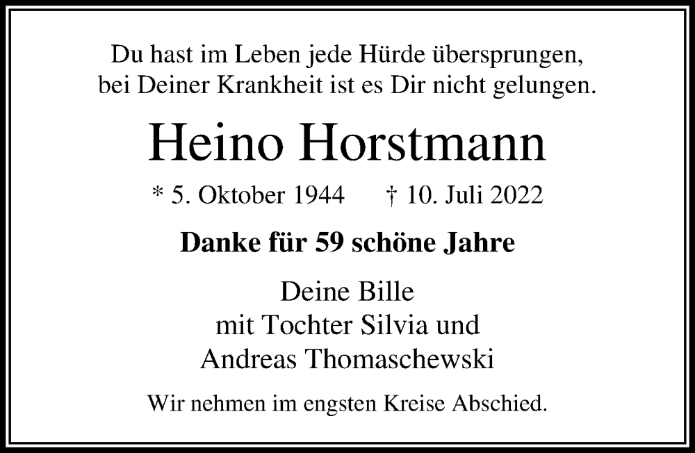  Traueranzeige für Heino Horstmann vom 17.07.2022 aus Lübecker Nachrichten