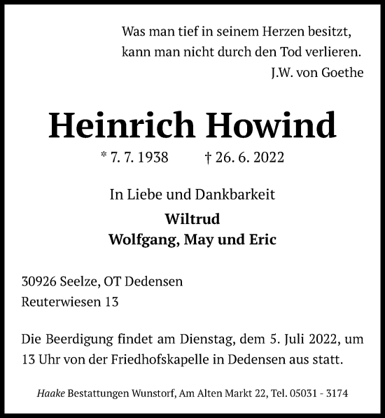 Traueranzeige von Heinrich Howind von Hannoversche Allgemeine Zeitung/Neue Presse
