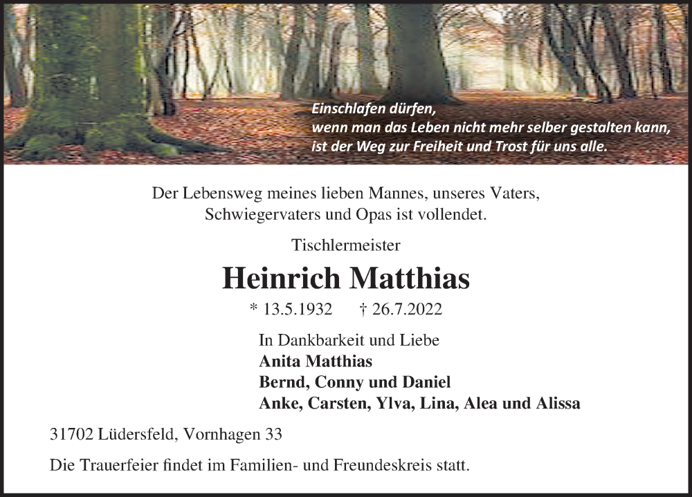  Traueranzeige für Heinrich Matthias vom 30.07.2022 aus Schaumburger Nachrichten
