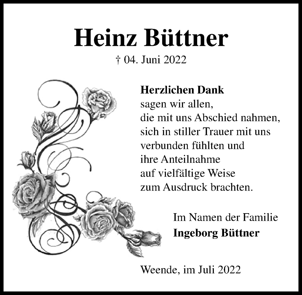  Traueranzeige für Heinz Büttner vom 09.07.2022 aus Göttinger Tageblatt