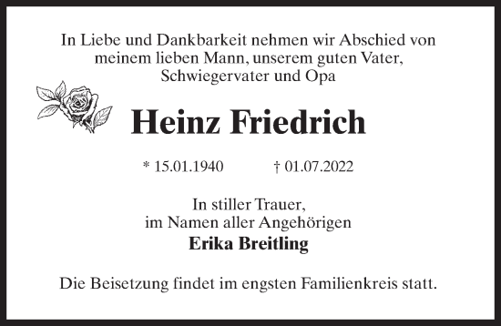 Traueranzeige von Heinz Friedrich von Märkischen Allgemeine Zeitung