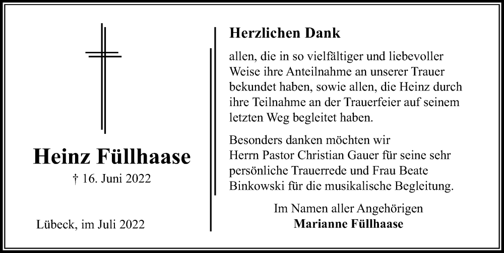  Traueranzeige für Heinz Füllhaase vom 24.07.2022 aus Lübecker Nachrichten