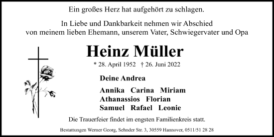 Traueranzeige von Heinz Müller von Hannoversche Allgemeine Zeitung/Neue Presse