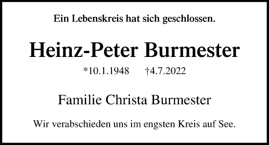 Traueranzeige von Heinz-Peter Burmester von Lübecker Nachrichten
