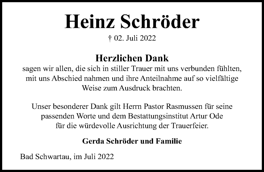  Traueranzeige für Heinz Schröder vom 31.07.2022 aus Lübecker Nachrichten