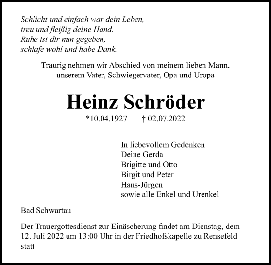 Traueranzeige von Heinz Schröder von Lübecker Nachrichten