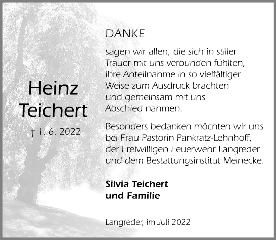 Traueranzeige von Heinz Teichert von Hannoversche Allgemeine Zeitung/Neue Presse