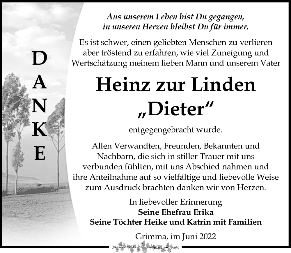  Traueranzeige für Heinz zur Linden vom 02.07.2022 aus Leipziger Volkszeitung