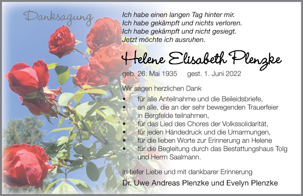  Traueranzeige für Helene Elisabeth Plenzke vom 02.07.2022 aus Märkischen Allgemeine Zeitung