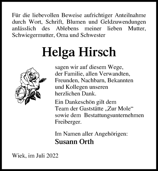 Traueranzeige von Helga Hirsch von Ostsee-Zeitung GmbH