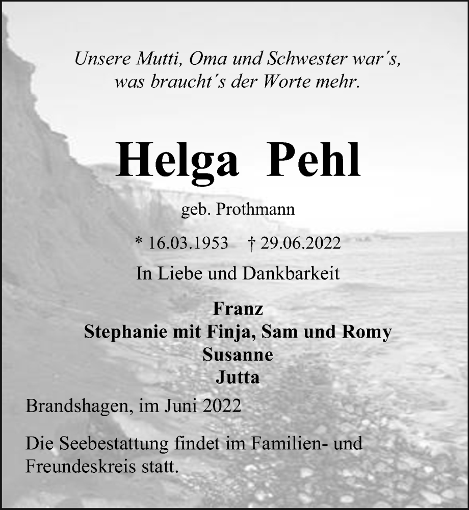  Traueranzeige für Helga Pehl vom 02.07.2022 aus Ostsee-Zeitung GmbH