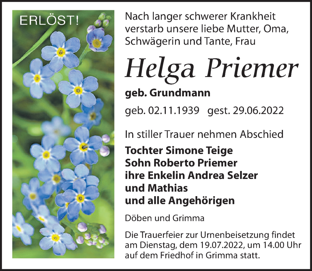  Traueranzeige für Helga Priemer vom 02.07.2022 aus Leipziger Volkszeitung
