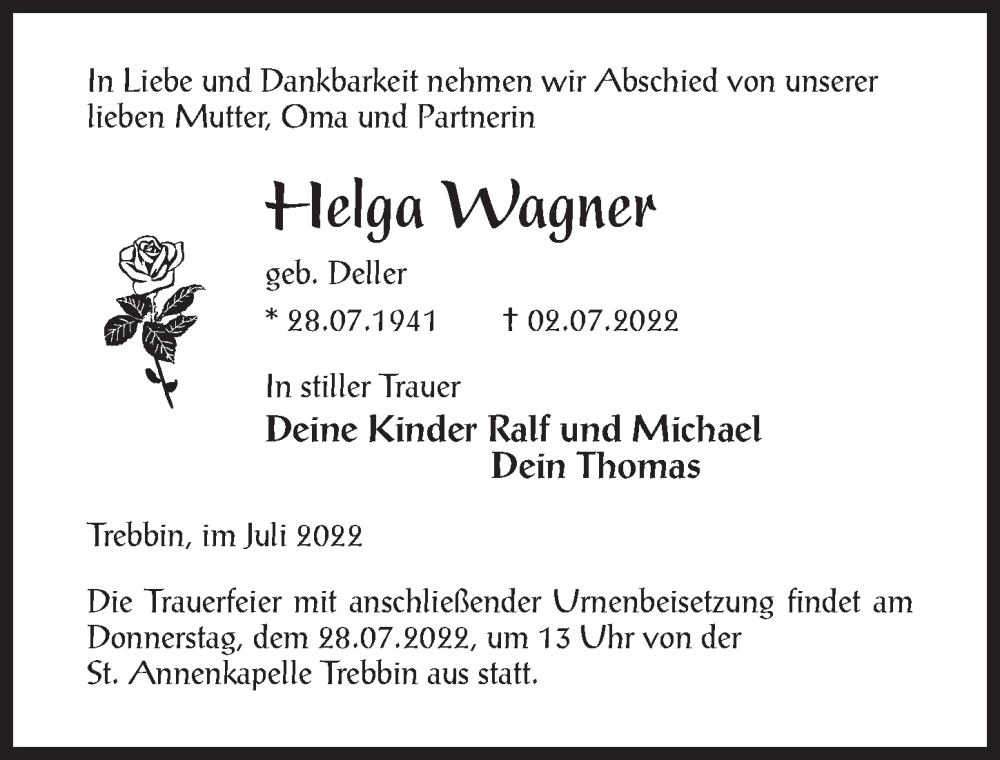 Traueranzeigen von Helga Wagner | trauer-anzeigen.de