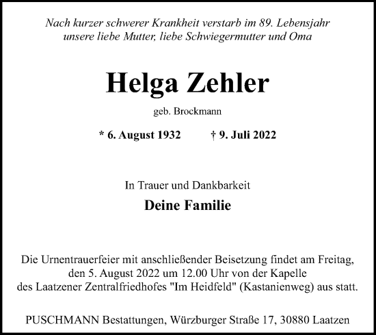 Traueranzeige von Helga Zehler von Hannoversche Allgemeine Zeitung/Neue Presse
