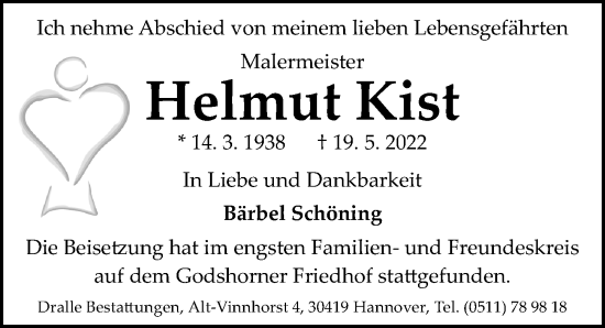 Traueranzeige von Helmut Kist von Hannoversche Allgemeine Zeitung/Neue Presse