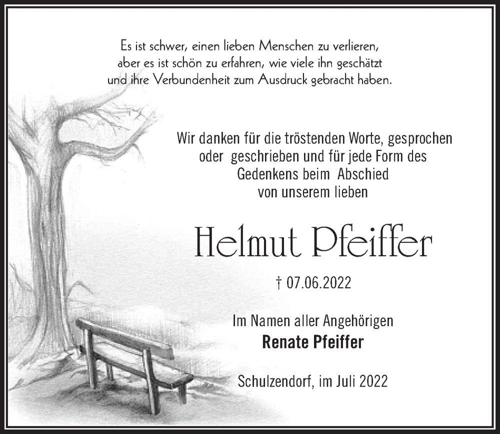  Traueranzeige für Helmut Pfeiffer vom 09.07.2022 aus Märkischen Allgemeine Zeitung