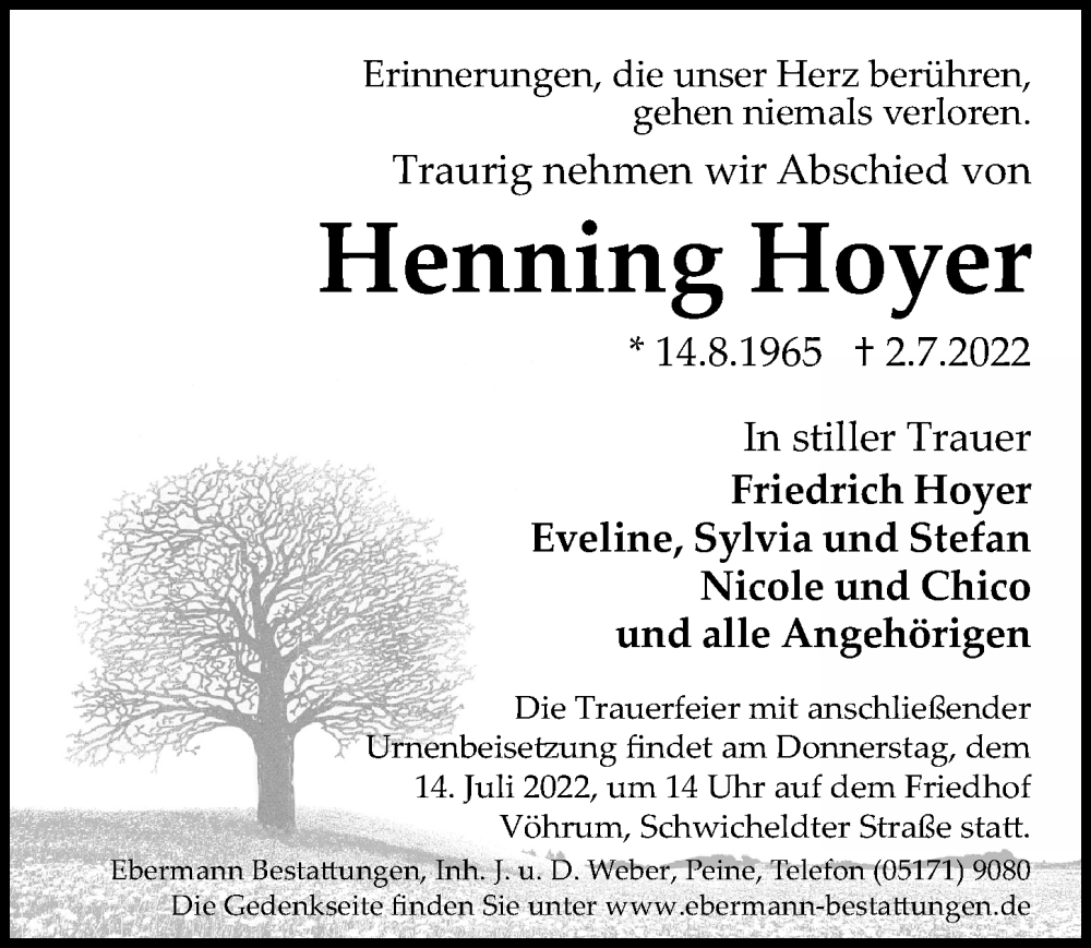 Traueranzeige für Henning Hoyer vom 09.07.2022 aus Peiner Allgemeine Zeitung