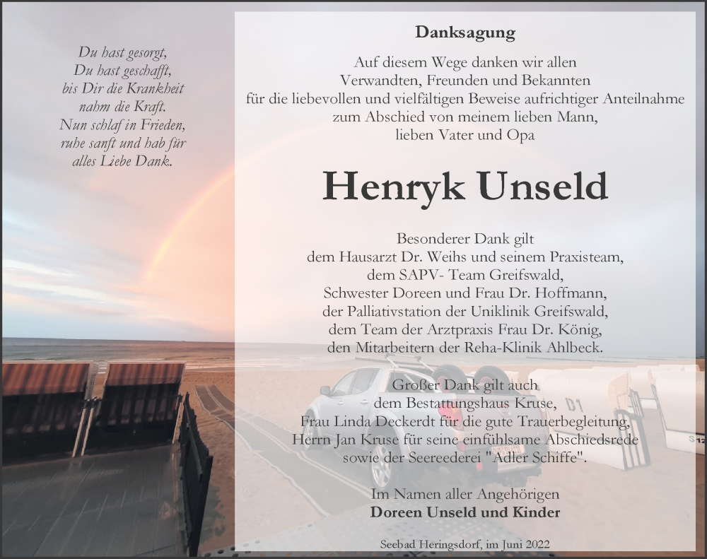  Traueranzeige für Henryk Unseld vom 16.07.2022 aus Ostsee-Zeitung GmbH