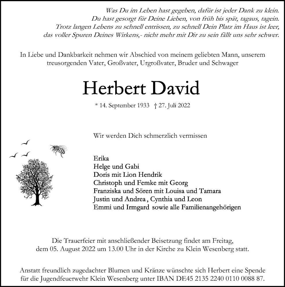 Traueranzeige für Herbert David vom 31.07.2022 aus Lübecker Nachrichten